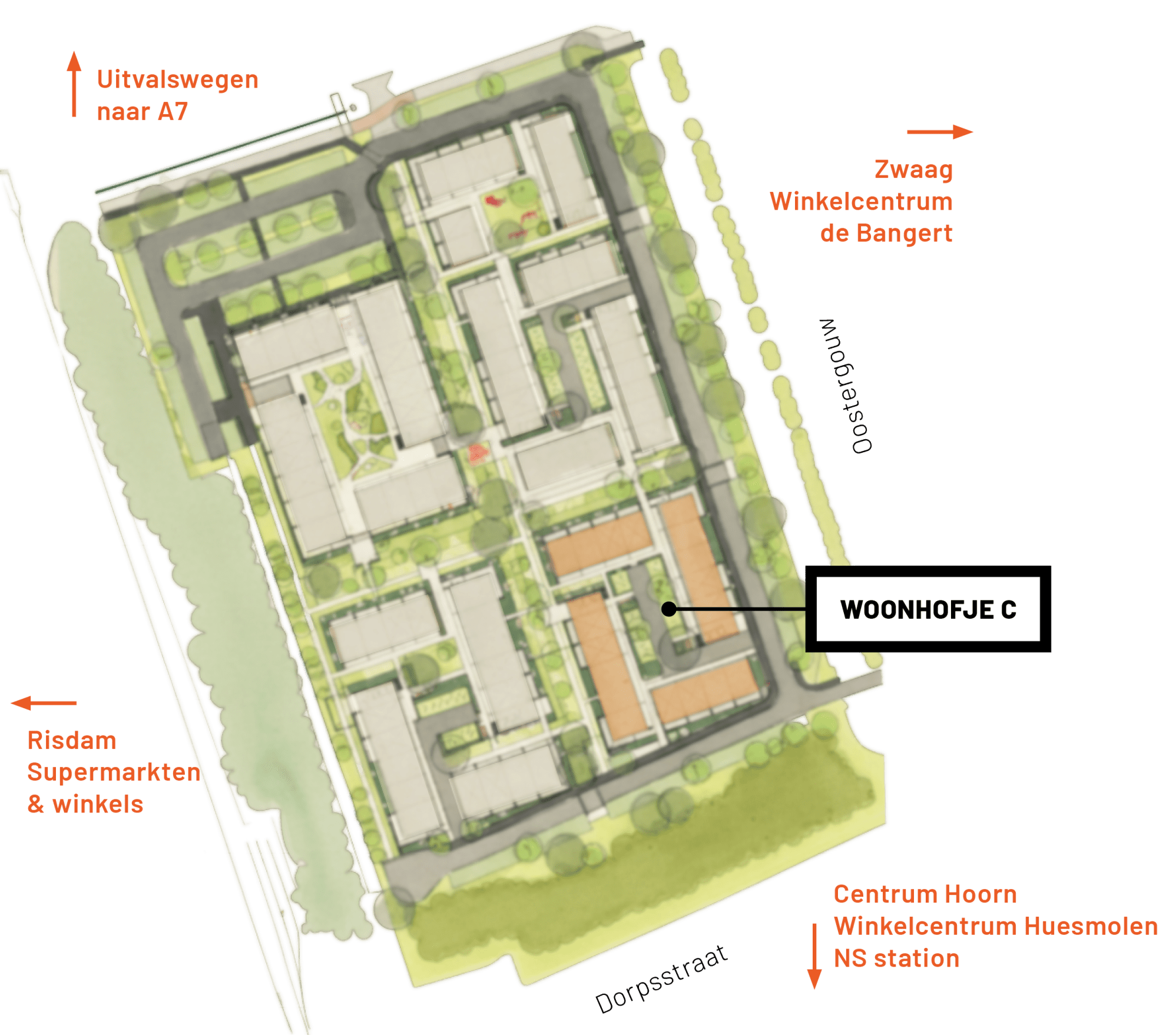 Plattegrond van De Remise Zwaag met vijf hofjes en 265 appartementen.